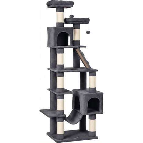 Arbre à chat 204 cm multi-niveaux avec 2 grottes, hamac, 2 paniers, poteaux sisal, échelle, 2 balles, gris foncé (1/5)