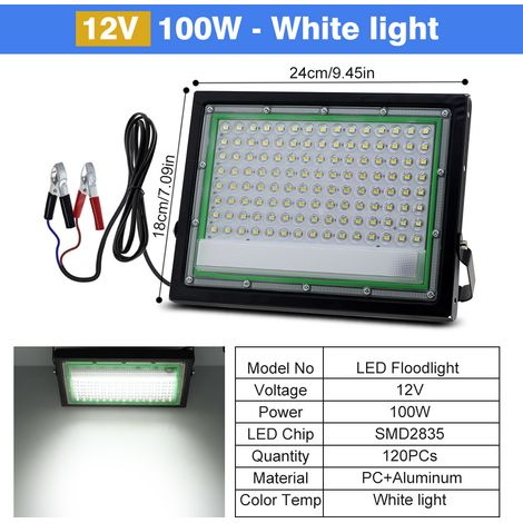 Außen-LED-Projektor 220 V, IP65 wasserdicht, 100 W, weißes Ambient Light, DC 12 V Stromversorgung, mit Krokodilklemmen