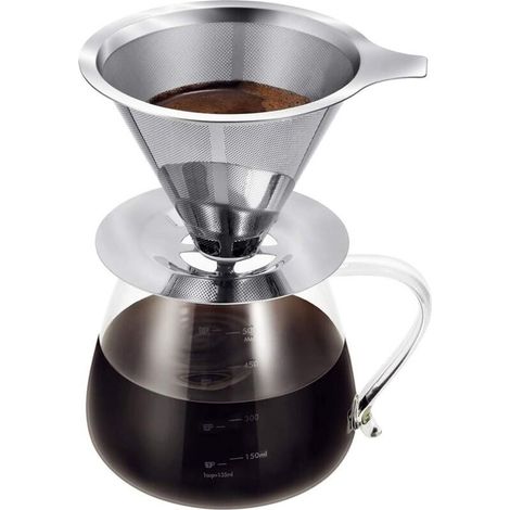 Tasse à double filtre en acier inoxydable (base moyenne, cafetière non incluse), filtre antirouille sans papier, filtre manuel, cafetière goutte à goutte en verre, cadeau café-Crezuo (1/4)