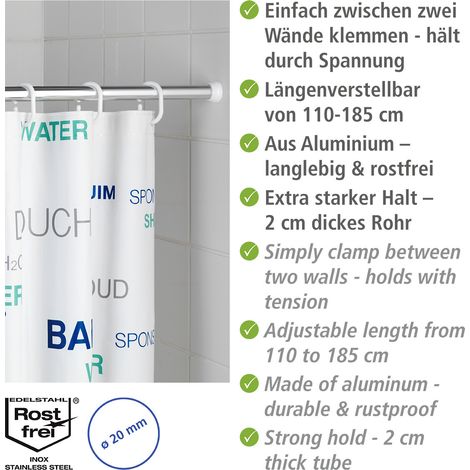 Wenko – Barre télescopique pour rideau de douche 110-185 cm – Aluminium chromé léger – Installation facile sans perçage – Fixation stable