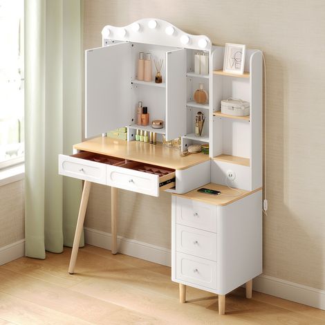 WOLTU Tocador moderno con espejo – Mesa de maquillaje con 5 cajones – 3 estantes de almacenamiento – Blanco (1/5)