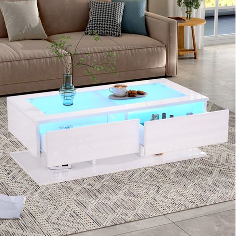 Table basse 100x50x35 cm blanche en panneau de particules et verre trempé avec LED et 2 tiroirs (1/5)
