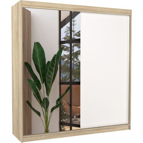 Armoire moderne naturel avec 2 portes coulissantes 1 blanche 1 miroir Davia 200cm (1/5)