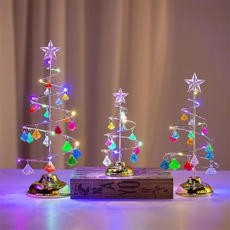 Árbol de Navidad de mesa, árbol de Navidad de metal con espiral de cristal y luz colgante en forma de estrella, diamantes de imitación, adornos de lámpara de escritorio para decoración de oficina, hab (1/5)