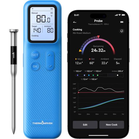 Wireless Bluetooth Smart Meat Thermometer Base Station Unlimited Range Accuracy App Alerts for BBQ Oven Smoker (Ocean Blue) (1/5)