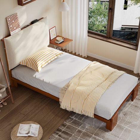 Lit Enfant Simple 90x200cm Lit Rembourré avec Dosseret Velcro, Sommier à Lattes et Pieds Larges - Pin et Contreplaqué - Marron Foncé