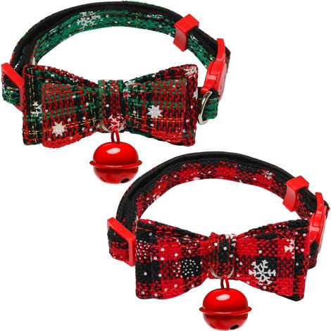 Collier de chat de 2 pièces avec nœud mignon et cloches, collier à carreaux de chat de Noël (1/5)