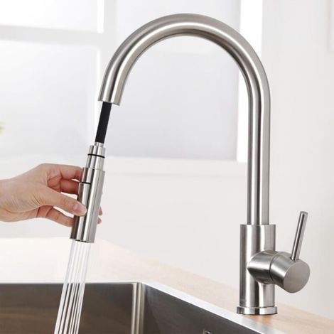 Robinet de Cuisine avec Douchette Extractible Mitigeur Cuisine Bec Rotatif Mitigeur d'Évier en Acier Nickel Brossé (1/4)