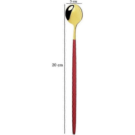 Ensemble de 4 cuillères à thé, à dessert et à glace en acier inoxydable à long manche (20 cm), colorées, pour la vaisselle et la cuisine. Couleurs disponibles : rouge et or. (1/5)