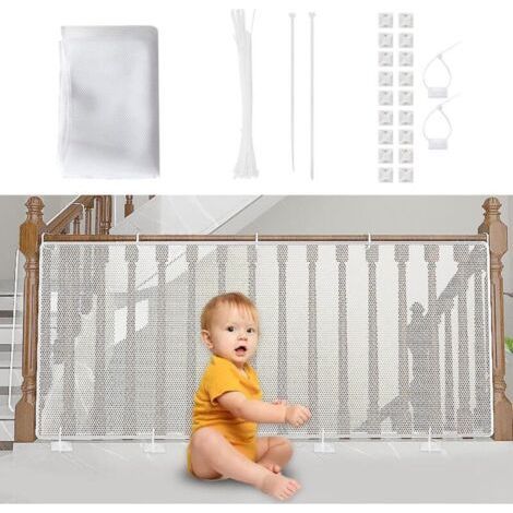 Blanc，Filet de Sécurité pour Enfants, Bébé Filet de Protection pour Balcon et Escalier, 300Lx90H CM Robuste Réglable Clôture D'escalier Barriere de Securite en Maille pour Chat et Jouet (1/5)