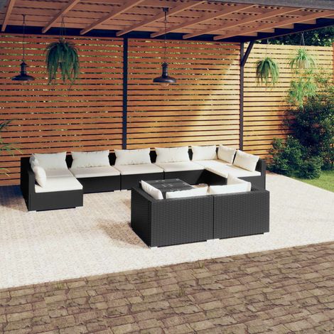 10-tlg. Garten-Lounge-Set mit Kissen Schwarz Poly Rattan (1/5)