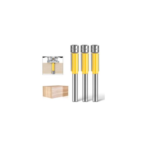 Ein 6-mm-Schaft-Bündigfräser, ein Nutfräser und ein Bündigfräser mit doppelt gelagertem Kopf (Schneiddurchmesser: 9,52 mm). – Crezuo