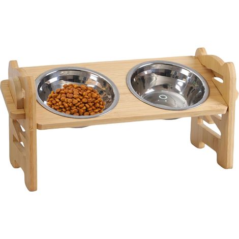 Raised Dog Bowl, Raised Dog Bowl with 2 Stainless Steel Bowls, Wooden Stand, Adjustable Height, Cat Bowl Holder, Cat Bowl for Cats and Small Dogs (1/5)