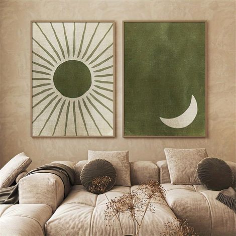 Lot de 2 posters esthétiques - Motif soleil vert et lune - Décoration murale pour salon, chambre à coucher - Sans cadre - 30 x 40 cm (1/4)