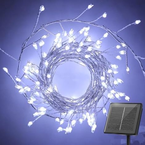 Guirlande solaire pour extérieur, 3 m, 100 LED, étanche, 8 modes de feux d'artifice, éclairage de balcon, pour arbre, terrasse, fête de Noël, décoration de mariage (Blanc Pur) (1/5)