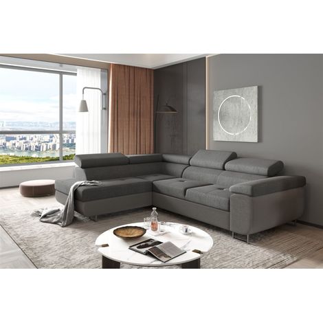 Ecksofa Sofa JADE Stoff Sawana Dunkelgrau mit Schlaffunktion Ottomane Links (1/2)