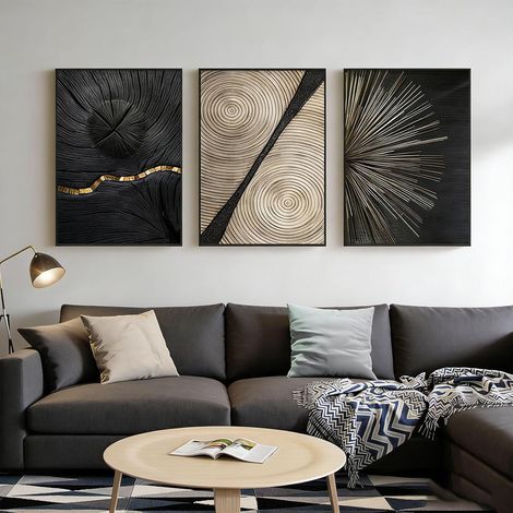 Lot de 3 posters conçus sur toile, noir et blanc doré, art abstrait, tableaux muraux lignes, décoration pour le salon, sans cadre (anneaux annuels dorés, 40 x 60 cm) (1/5)