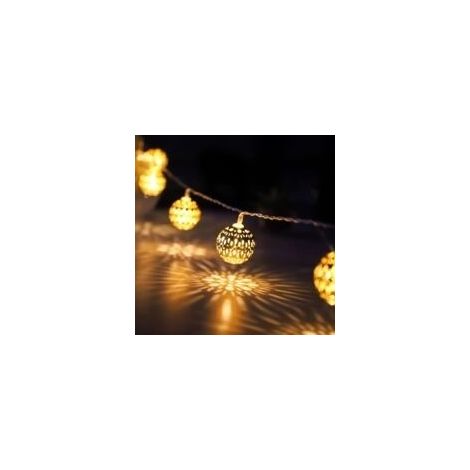 Guirlande lumineuse LED marocaine avec prise, 20 boules en métal doré à motifs, pour mariage, vacances, Noël, intérieur et extérieur, multifonctionnelle avec minuterie, 3 mètres, extensible [Classe én (1/5)