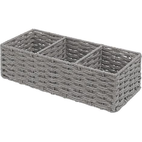 Organisateur de salle de bain tissé à la main, panier de rangement à 3 compartiments pour serviettes d'invités et rouleaux de papier toilette, 36 x 15 x 10 cm, gris (1/5)