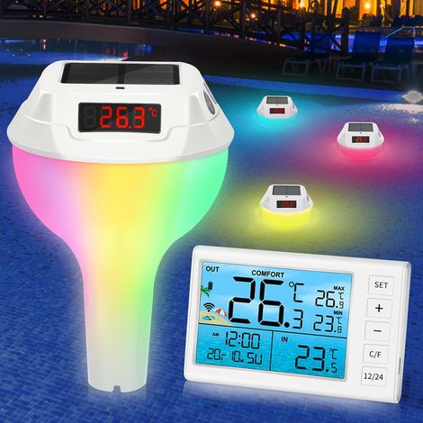 Thermometre Piscine, Thermomètre Piscine Solaire Lumineux avec Affichage et Corde, Thermomètre Piscine pour Piscines, Bassins et Aquariums (1/4)