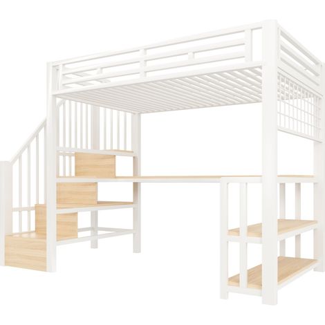 Hochbett 90 x 200 cm aus Metall und MDF, weiß, mit Schreibtisch, Regal, LED (1/5)