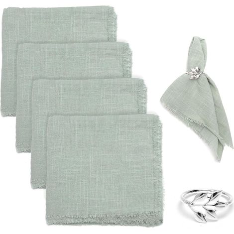 4 Serviettes en Tissu 42 X 42 cm Serviette en Coton Serviettes de Table Lavables Vertes à Franges pour Mariage Restaurant Anniversaire Décoration de Table avec Ronds de Serviette (1/5)