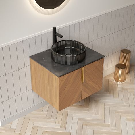 Mobile bagno sospeso con lavabo in vetro rotondo nero, piano in pietra sinterizzata, armadietto in rovere marrone, 61 cm (1/5)