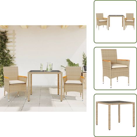 3-tlg. Garten-Essgruppe mit Kissen Beige Poly Rattan und Glas - Gartentisch - Gartenmöbel Set - Outdoor Möbel - Esstisch - Gartenset (1/5)