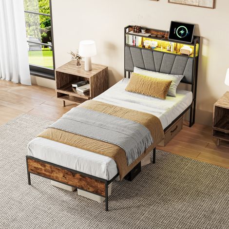 Letto 90x200 cm - Letto singolo 90x200 cm con rete - Testiera con LED, prese di ricarica e ripiano portaoggetti - Metallo e legno (1/5)