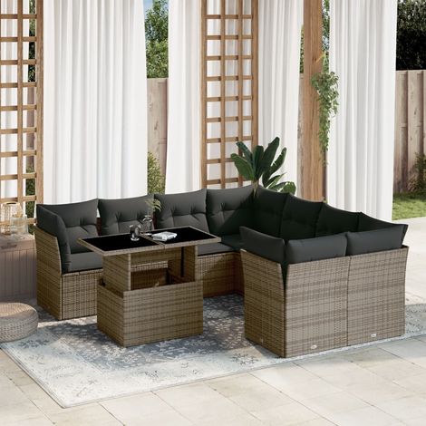 Ensemble de jardin 9 places en résine tressée grise avec coussins amovibles, table extensible en verre trempé (1/5)