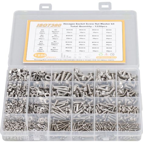Kit de 1220 vis, écrous et rondelles à six pans creux en acier inoxydable 304, haute résistance à l'usure, tailles M2, M3, M4 et M5. (1/5)