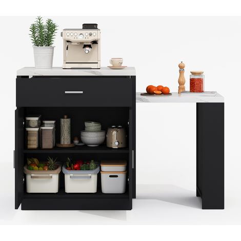 ELVMI Îlot de Cuisine avec Table Extensible, 2 Tiroirs et Étagères, Prises USB, en MDF, 211 x 55 x 89.5 cm, Noir (1/5)