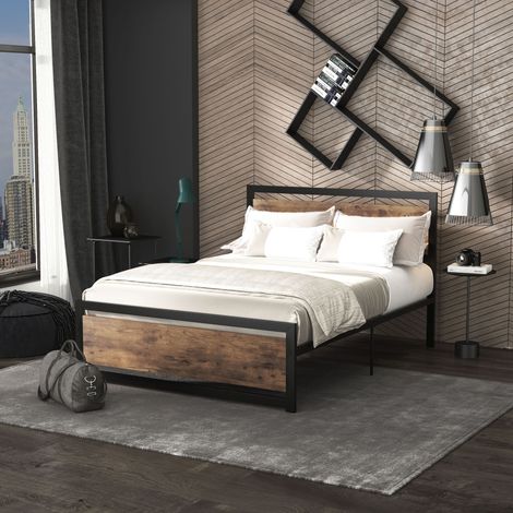 Cadre de lit double en acier avec sommier et tête de lit compatible matelas 190 x 140 cm aspect bois foncé (1/5)