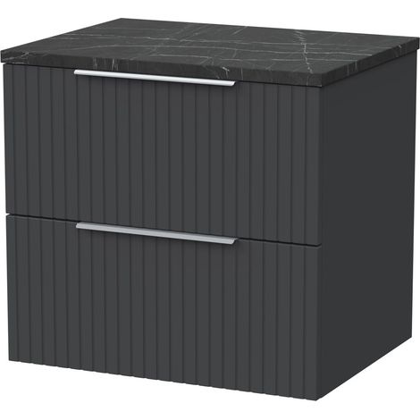 Callingwood Contemporary Wall Hung 2 Drawer Vanity Unit with Black Pietra Marble Laminate Worktop , 600mm, Dark Grey