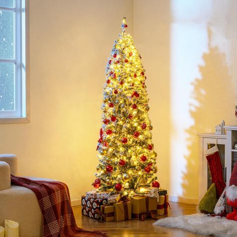 COSTWAY Sapin de Noël Pré-éclairé, Arbre Articulé avec 533 Branches en PVC Enneigé, 260 Lumières LED Blanc Chaud, 8 Modes, Pied Métallique, Décoration Élégante pour Maison, Bureau (180 cm) (1/5)
