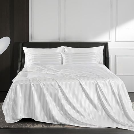 Premium 4-teiliges Bettwäsche-Set – Elastisches Spannbettlaken (153x203 cm) + Bettlaken + 2 Kissenbezüge – Eleganter Streifendruck – Weiches, atmungsaktives Gewebe (1/5)
