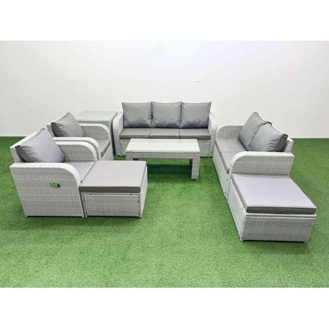 Fimous PE Rattan Garden Furniture Set Adjustable Chair Sofa Double Love Seat 2 Seater Sofa Lounge Set Rectangular Coffee Table 2 Big Footstool Side Table Light Grey (1/4)