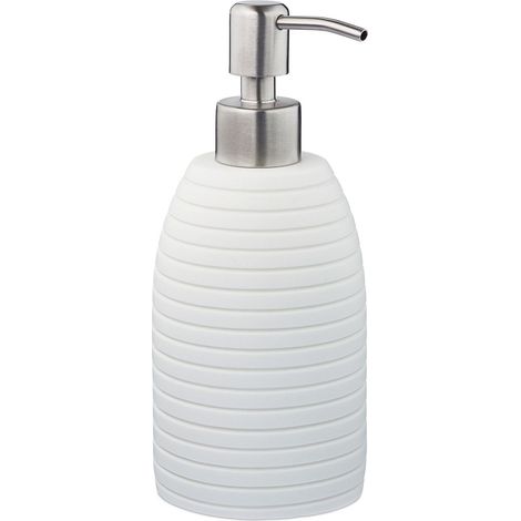 Relaxdays Dispenser sapone liquido 300 ml, ricaricabile, bagno/WC/cucina, poliresina, pompa inox, bianco (1/5)