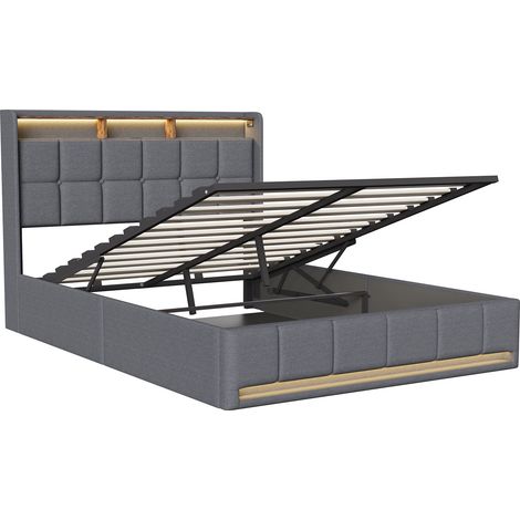 Lit coffre 160x200 cm - Tête de lit avec ports de chargement USB et Type-C, éclairage LED, compartiments, sommier à lattes - gris (1/5)