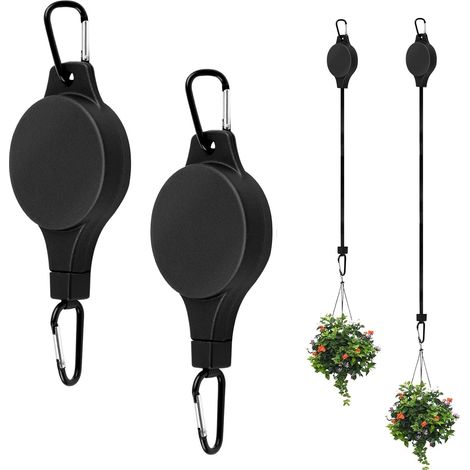 Lot de 2 crochets rétractables pour poulie pour plantes d'intérieur et d'extérieur, pots de fleurs, paniers de jardin et mangeoires à oiseaux, noir