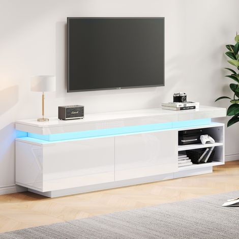 Mobile TV bianco lucido con illuminazione LED e ampio vano portaoggetti, supporto multimediale per gaming (1/5)