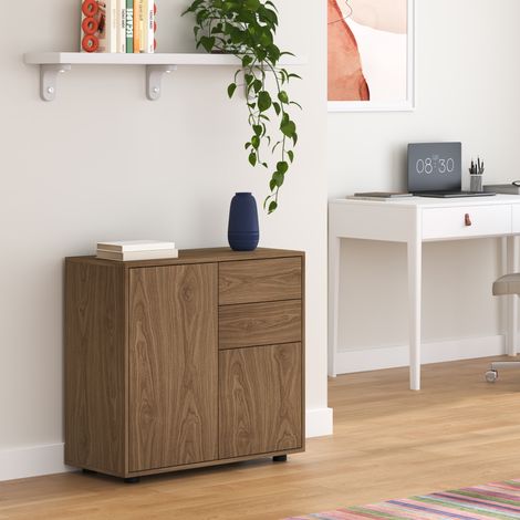 Cómoda Paarl con 2 cajones sin mango y 2 puertas 74x79x36cm Efecto Nogal [en.casa]