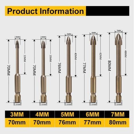 5-teiliges Hartmetall-Steinbohrer-Set für Metall, Stahl, Keramikfliesen, Porzellan, Beton, Ziegel, Kunststoff und Holz, Schwarz (1/4)
