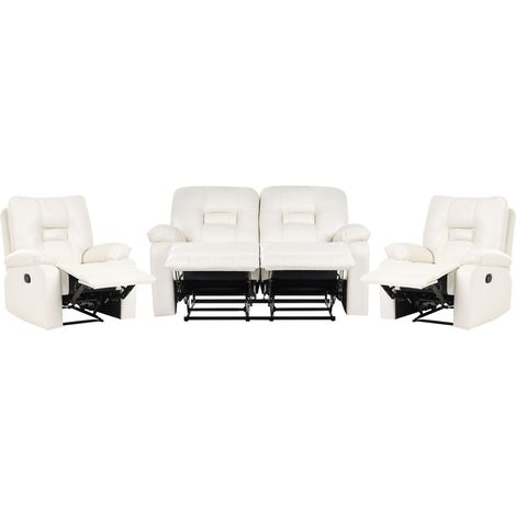 Set divano reclinabile moderno in ecopelle 2 posti + 2 poltrone bianco Bergen