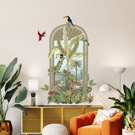 Grand papier peint panoramique découpé, arche tendance jungle avec animaux, montagne, rivière et palmier, 146,5 cm X 83 cm (1/5)