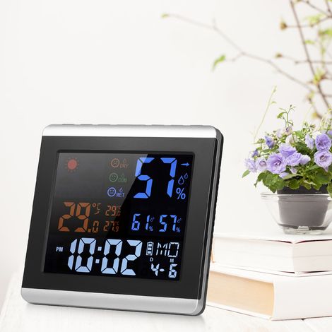 Thermomètre, hygromètre et horloge numériques couleur d'intérieur avec écran LCD, alarme, fonction snooze, calendrier et prévisions météo. (1/5)