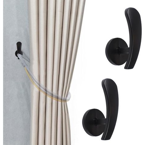 Lot de 2 noir embrasses de rideaux autoadhésives à fixation murale, supports de rangement antitraces, crochets muraux en métal pour décoration