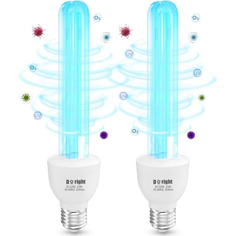 2 Pièces UV Lampe Ultraviolet Ozone 25W E27 Lampe UV Germicide UVC avec Ampoule UV Sterilisateur avec Tube de Quartz Stérilisation UVC 254nm AC220-240V pour Toilette, Cuisine, Chambre (1/5)