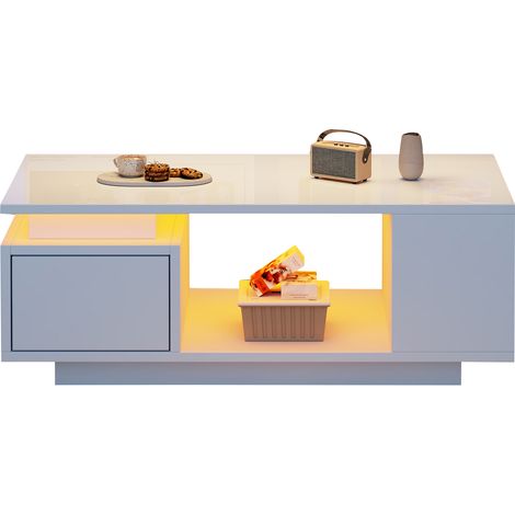 105 cm moderner, minimalistischer Couchtisch mit Stauraum, LED-Stimmungsbeleuchtung, Glasplatte und 2 Schubladen