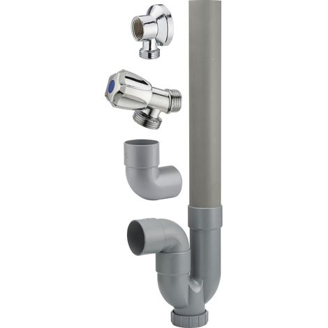 Noyon & Thiebault – Kit robinet équerré à clapet pour machine à laver – Applique avec écrou collet battu Ø14 – Siphon PVC Ø40 – Coude 90° en ABS
